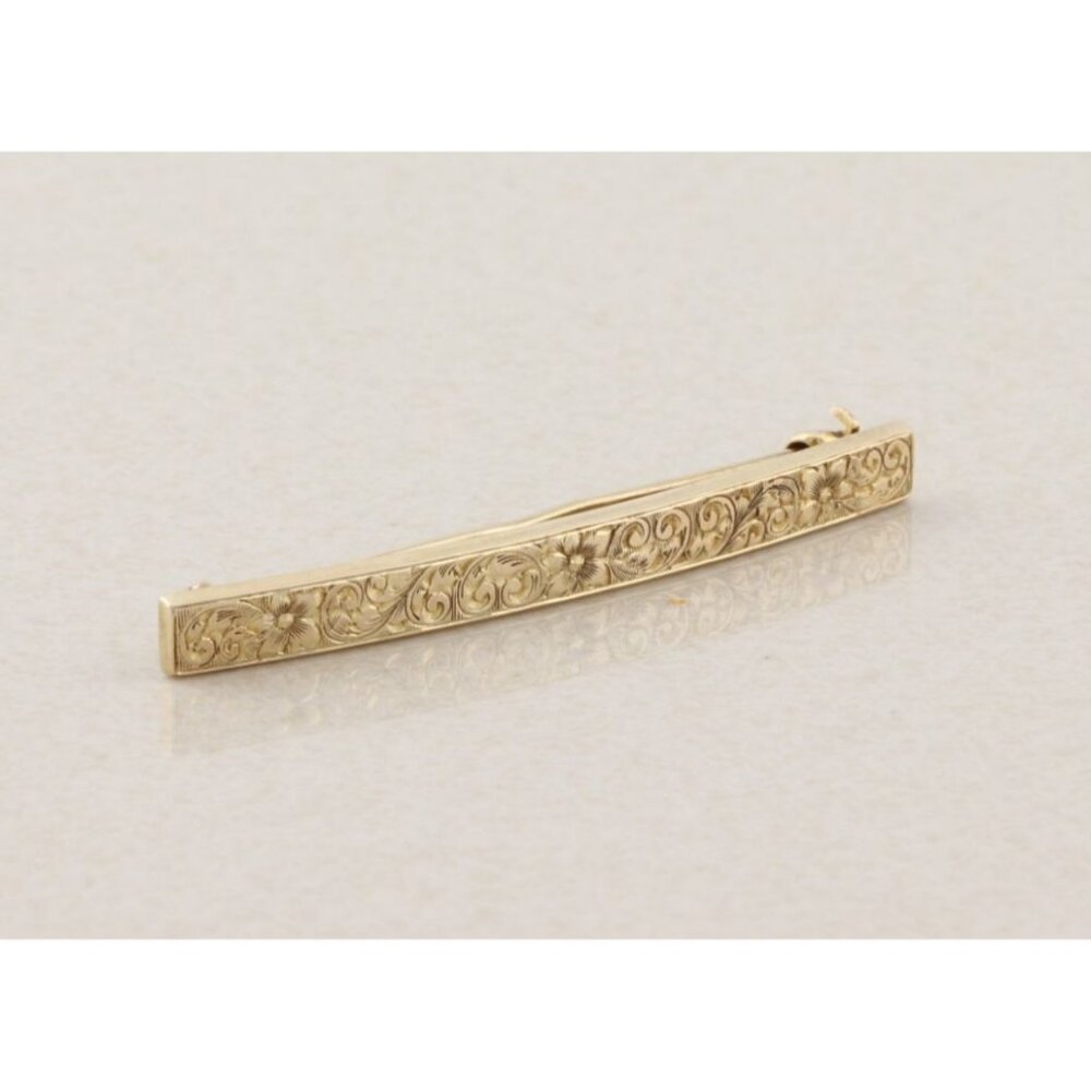14k Yellow Gold Antique Art Deco Bar Pin Pretty Etched Flower Pattern 2" X 3/16"